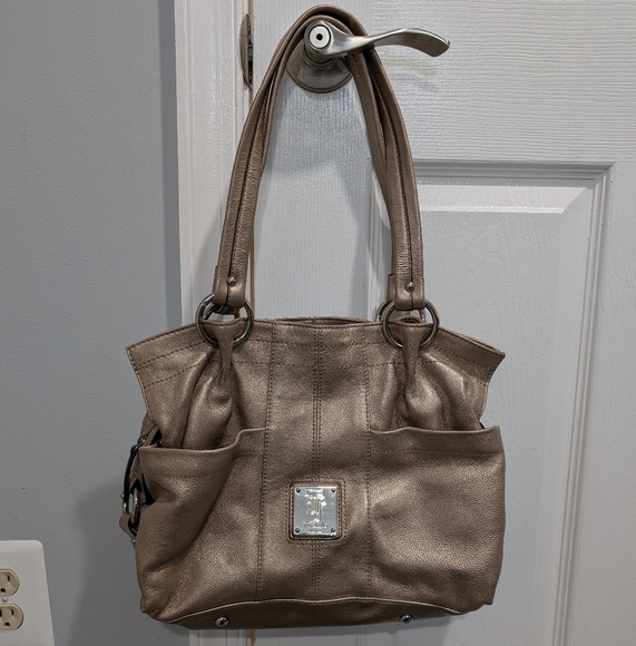Tignanelle Metallic Gold Pebble Leather Double Handle with Zipper Shoulder Bag - Picture 1 of 13